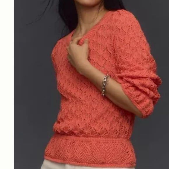 BY ANTHROPOLOGIE FLOUNCE-HEM POINTELLE SWEATER crew neck size L - tangerine - Picture 9 of 11
